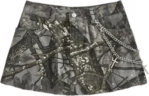 MakeMeChic Women's Cheetah Print Denim Cargo Skirt Chain Raw Trim Y2k Mini Skirts