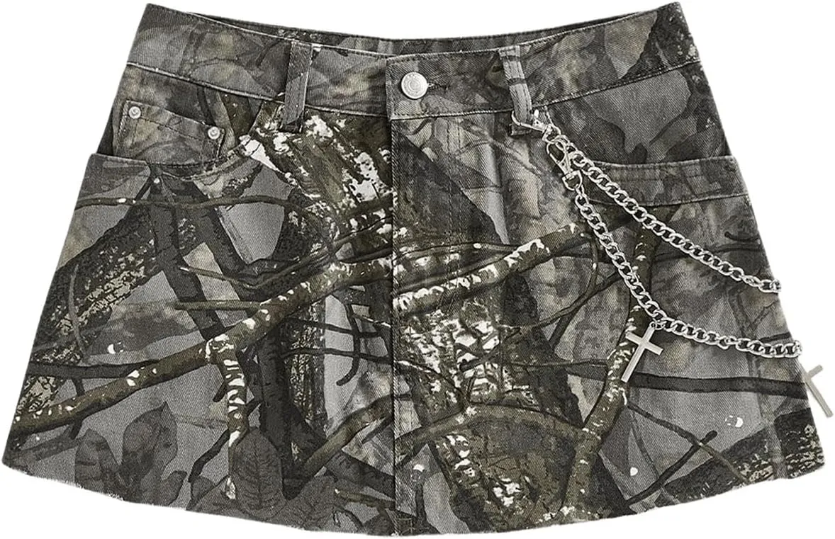 MakeMeChic Women's Cheetah Print Denim Cargo Skirt Chain Raw Trim Y2k Mini Skirts