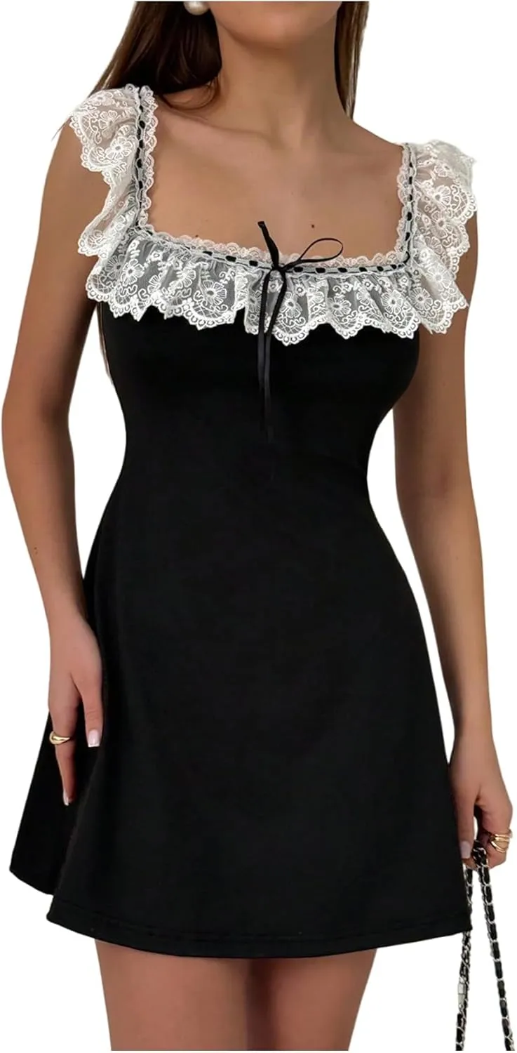 MakeMeChic Women's Floral Lace Color Block Mini Dress Bow Knot A Line Short Dresses
