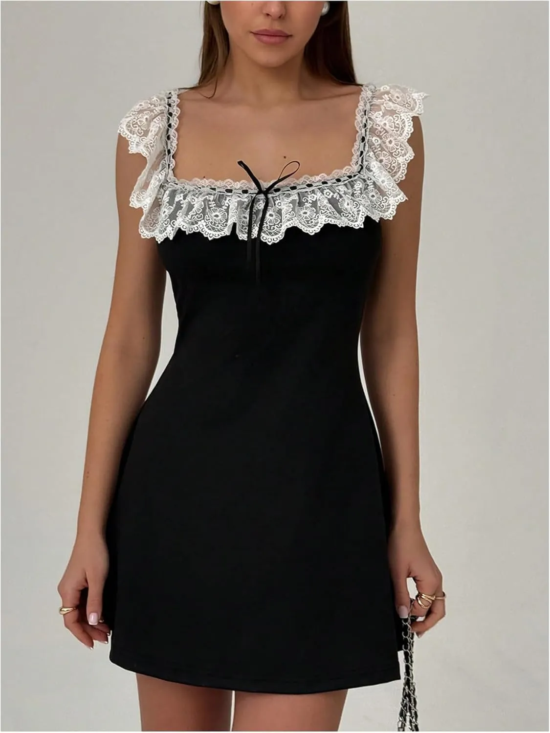 MakeMeChic Women's Floral Lace Color Block Mini Dress Bow Knot A Line Short Dresses