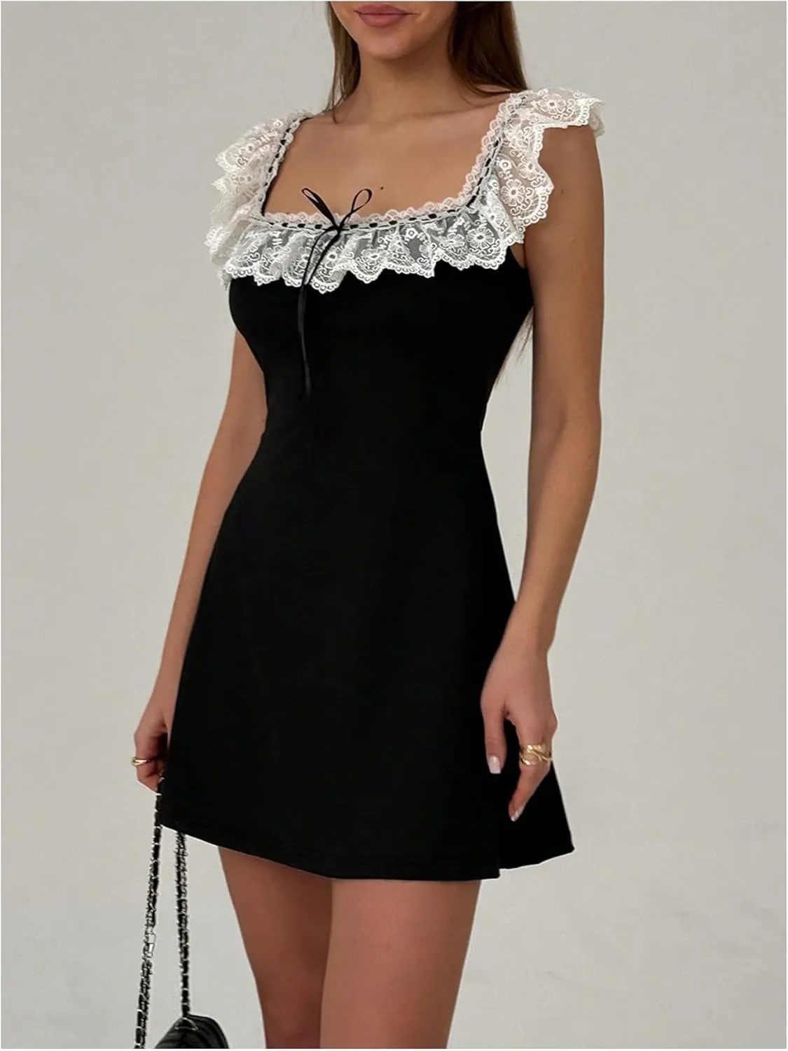 MakeMeChic Women's Floral Lace Color Block Mini Dress Bow Knot A Line Short Dresses