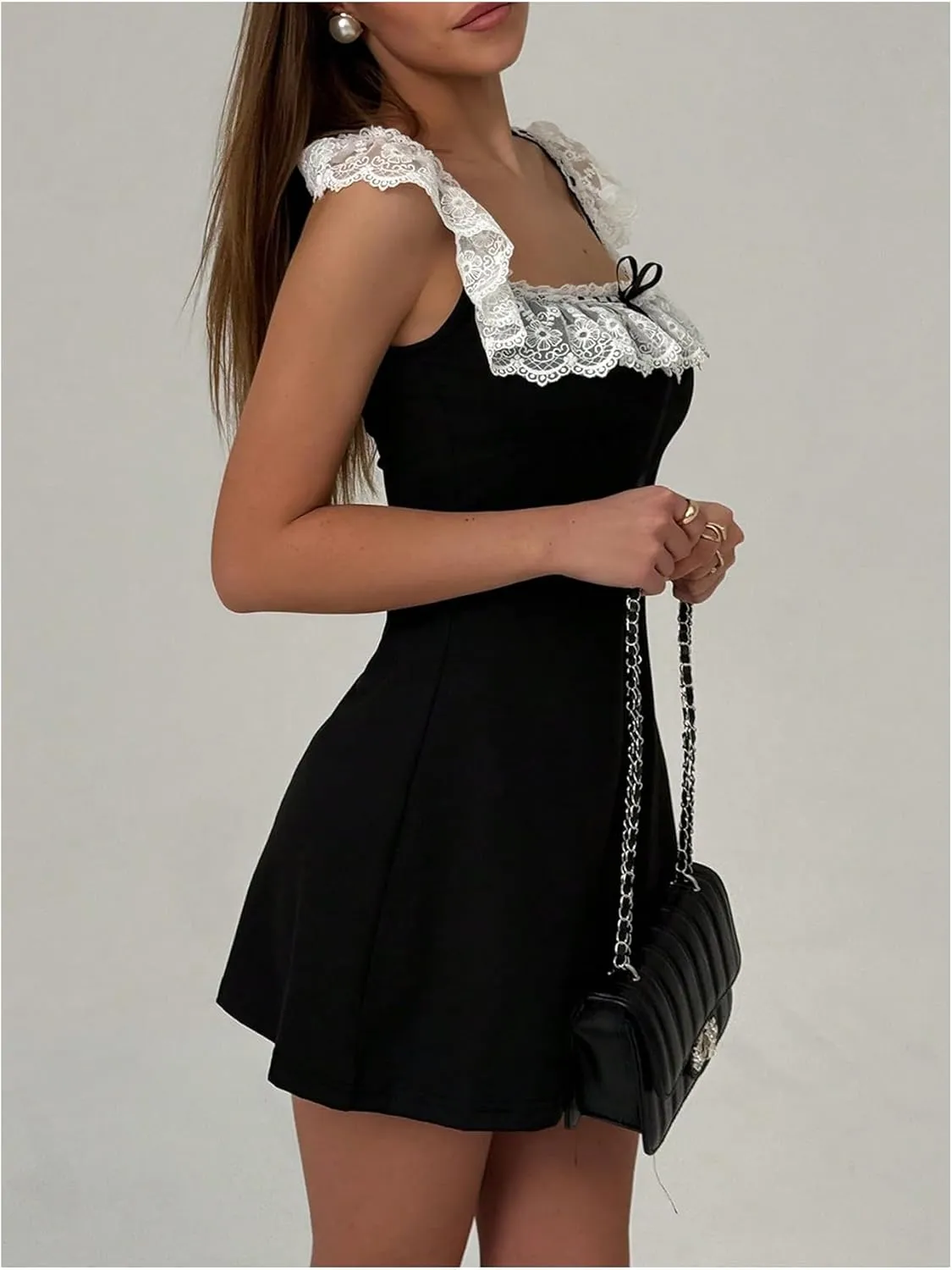 MakeMeChic Women's Floral Lace Color Block Mini Dress Bow Knot A Line Short Dresses