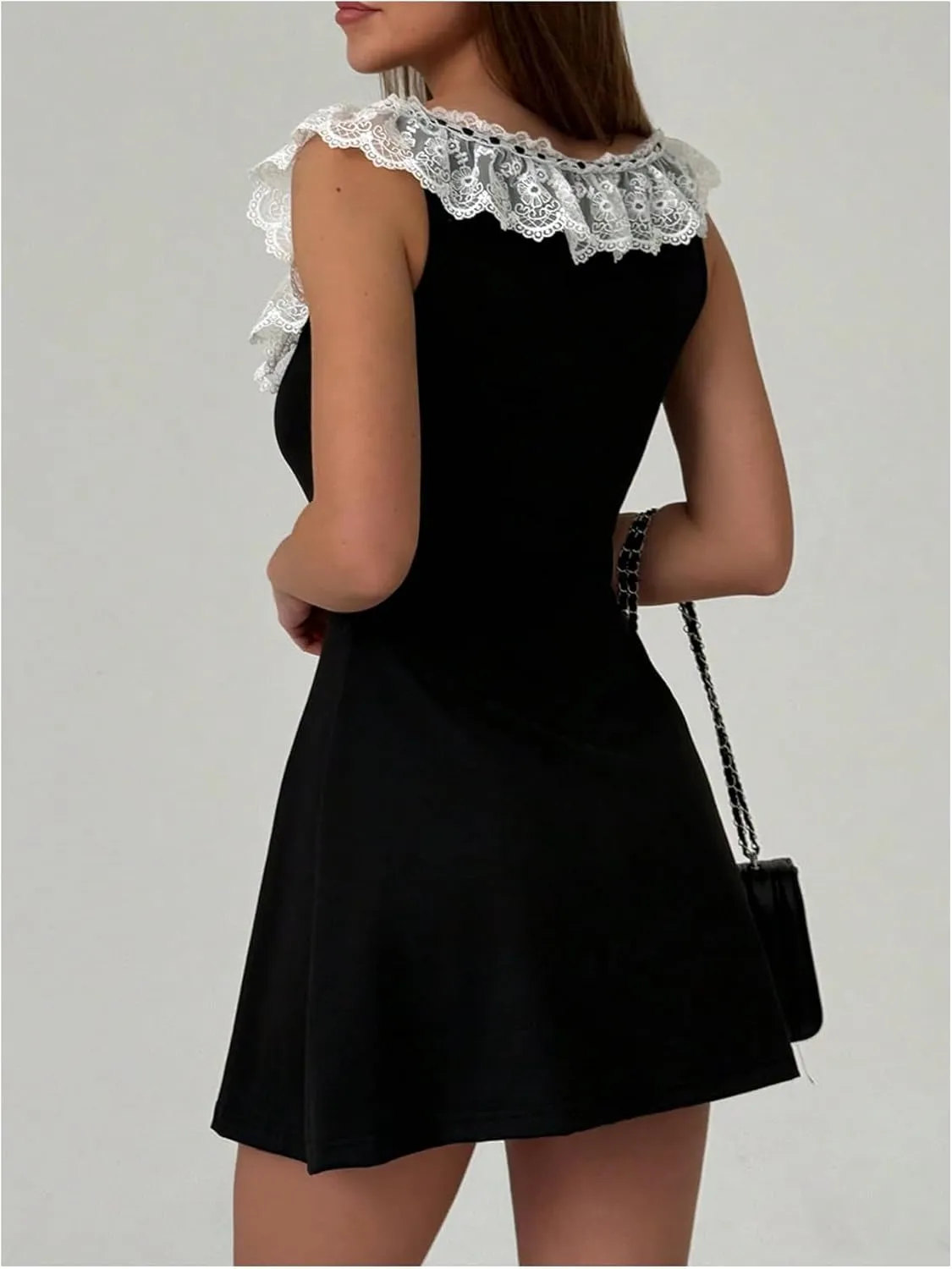 MakeMeChic Women's Floral Lace Color Block Mini Dress Bow Knot A Line Short Dresses