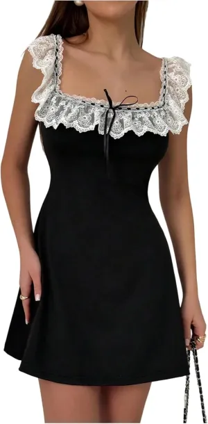 MakeMeChic Women's Floral Lace Color Block Mini Dress Bow Knot A Line Short Dresses