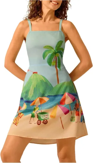 MakeMeChic Women's Tropical Print Cami Mini Dress Vacation Spaghetti Strap Bow Boho Dresses