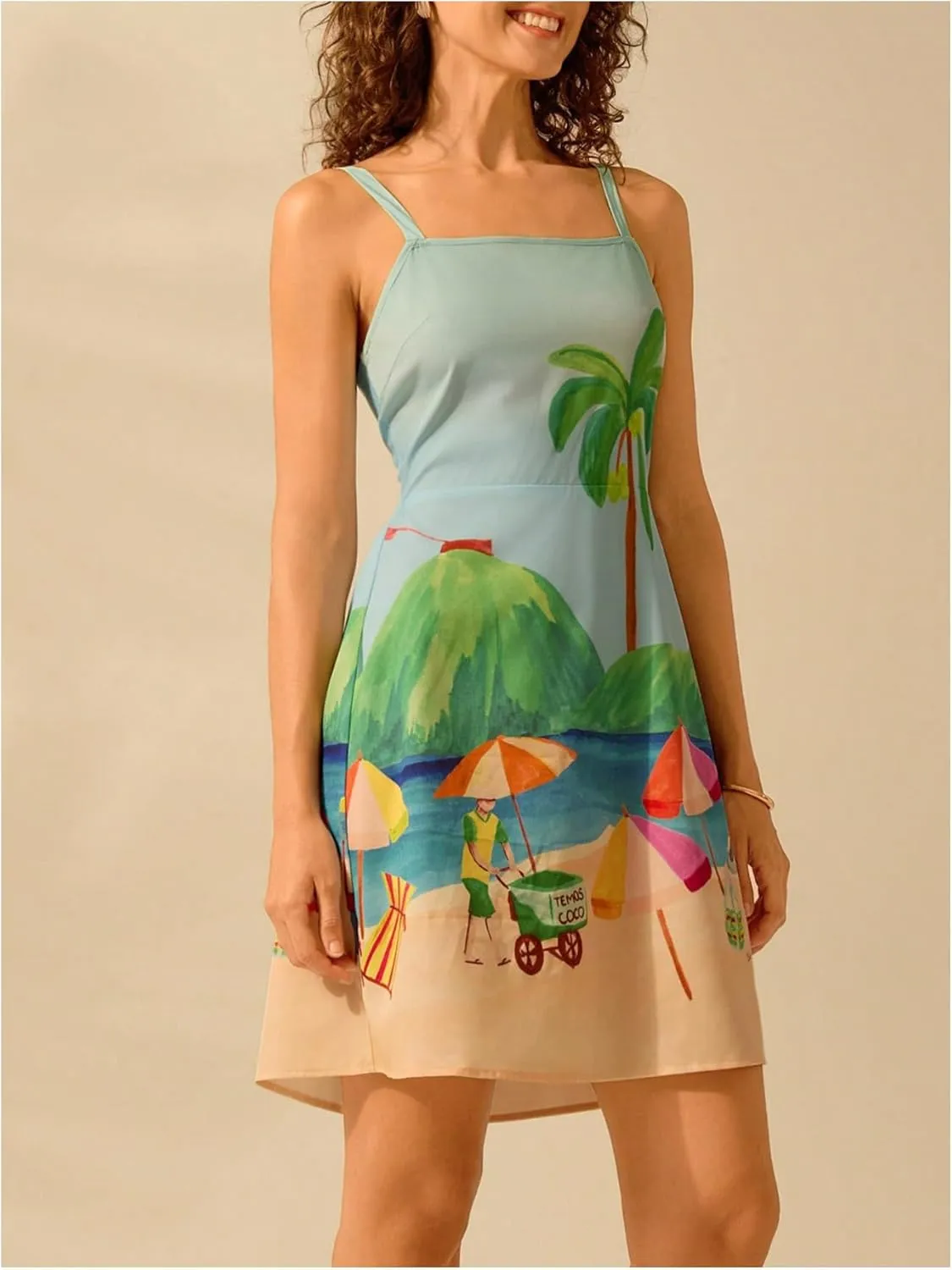 MakeMeChic Women's Tropical Print Cami Mini Dress Vacation Spaghetti Strap Bow Boho Dresses
