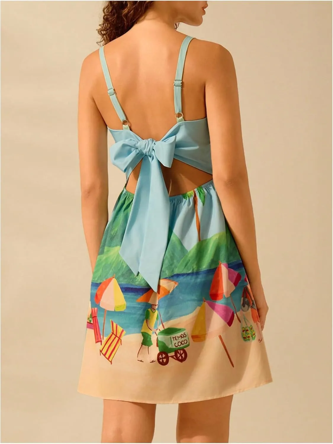MakeMeChic Women's Tropical Print Cami Mini Dress Vacation Spaghetti Strap Bow Boho Dresses