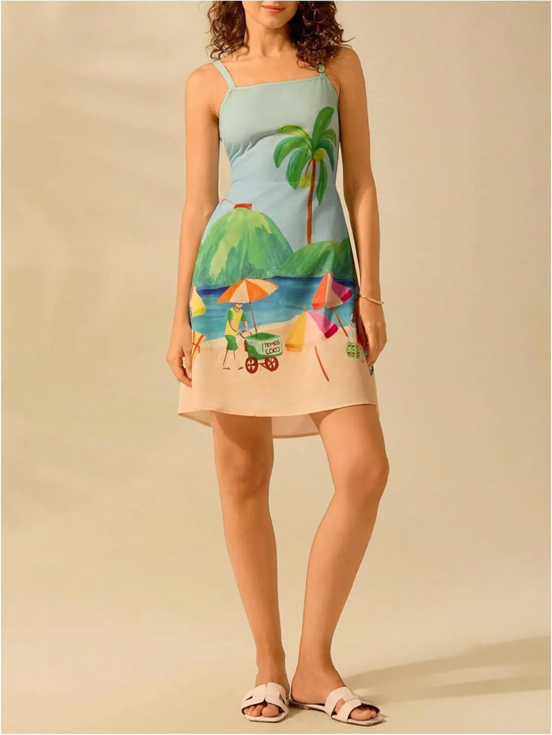 MakeMeChic Women's Tropical Print Cami Mini Dress Vacation Spaghetti Strap Bow Boho Dresses