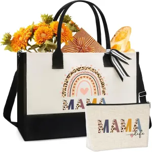 Mama Gift Tote Bags - 2pc Mother's Day Gifts Set for Mom Personalized Boho Leopard totes Hangbag with Canvas Makeup Bag for Women Lovers Her Appreciation Birthday Party Storage Present Suit