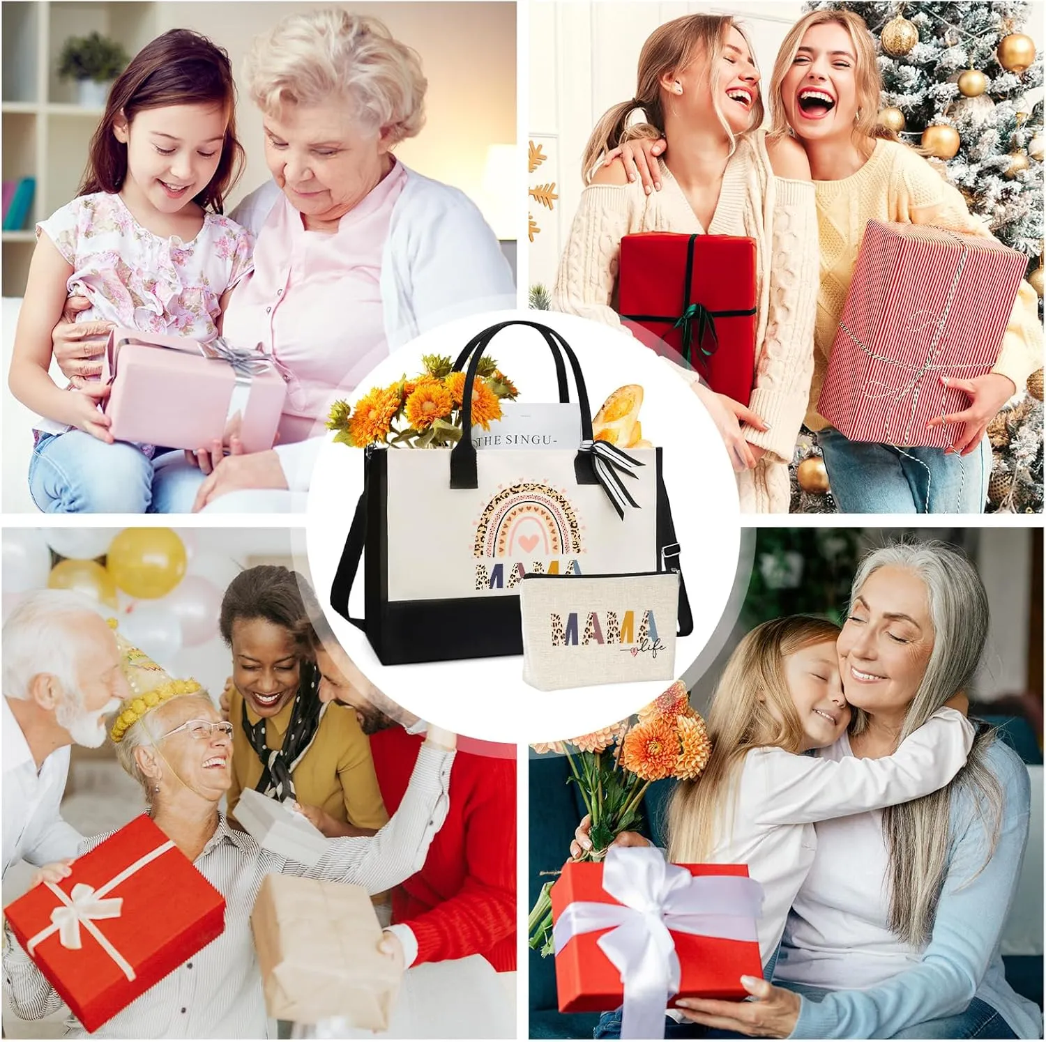 Mama Gift Tote Bags - 2pc Mother's Day Gifts Set for Mom Personalized Boho Leopard totes Hangbag with Canvas Makeup Bag for Women Lovers Her Appreciation Birthday Party Storage Present Suit