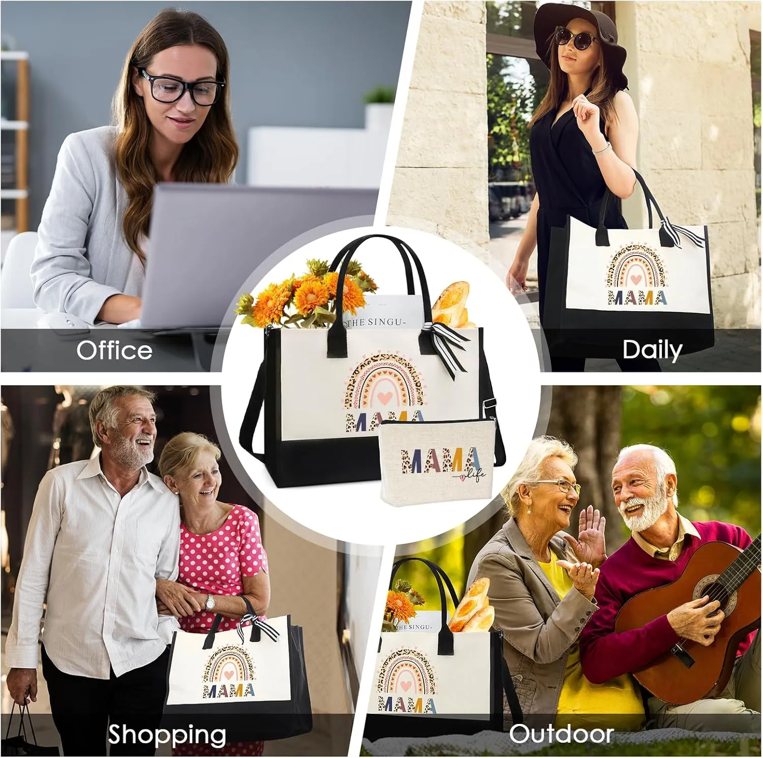 Mama Gift Tote Bags - 2pc Mother's Day Gifts Set for Mom Personalized Boho Leopard totes Hangbag with Canvas Makeup Bag for Women Lovers Her Appreciation Birthday Party Storage Present Suit