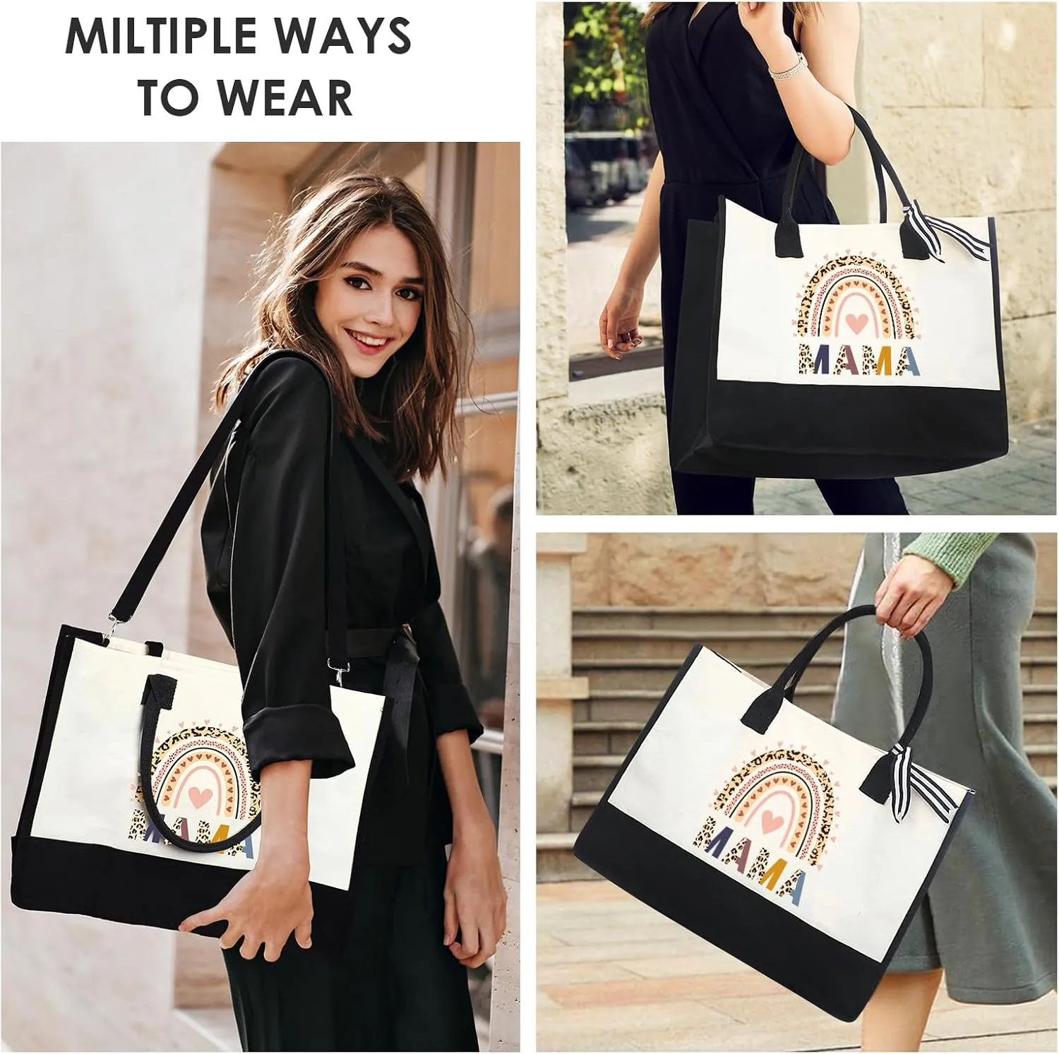 Mama Gift Tote Bags - 2pc Mother's Day Gifts Set for Mom Personalized Boho Leopard totes Hangbag with Canvas Makeup Bag for Women Lovers Her Appreciation Birthday Party Storage Present Suit