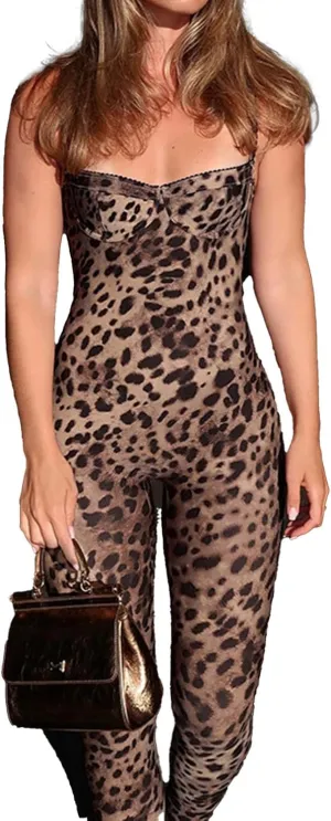 Mandonce Sexy Jumpsuit For Women Sleeveless Off The Shoulder Halter Leopard Print Hight Waist Jumpsuit Trendy