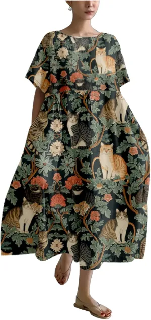 MARSVOVO Summer Dress for Women Funny Cat Graphic Cute Short Sleeve Maxi Dress Causal Plus Size Party Dress for Women
