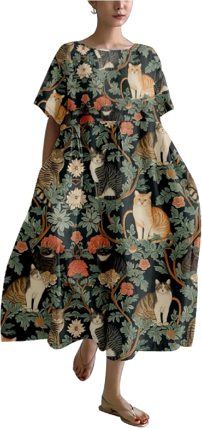 MARSVOVO Summer Dress for Women Funny Cat Graphic Cute Short Sleeve Maxi Dress Causal Plus Size Party Dress for Women