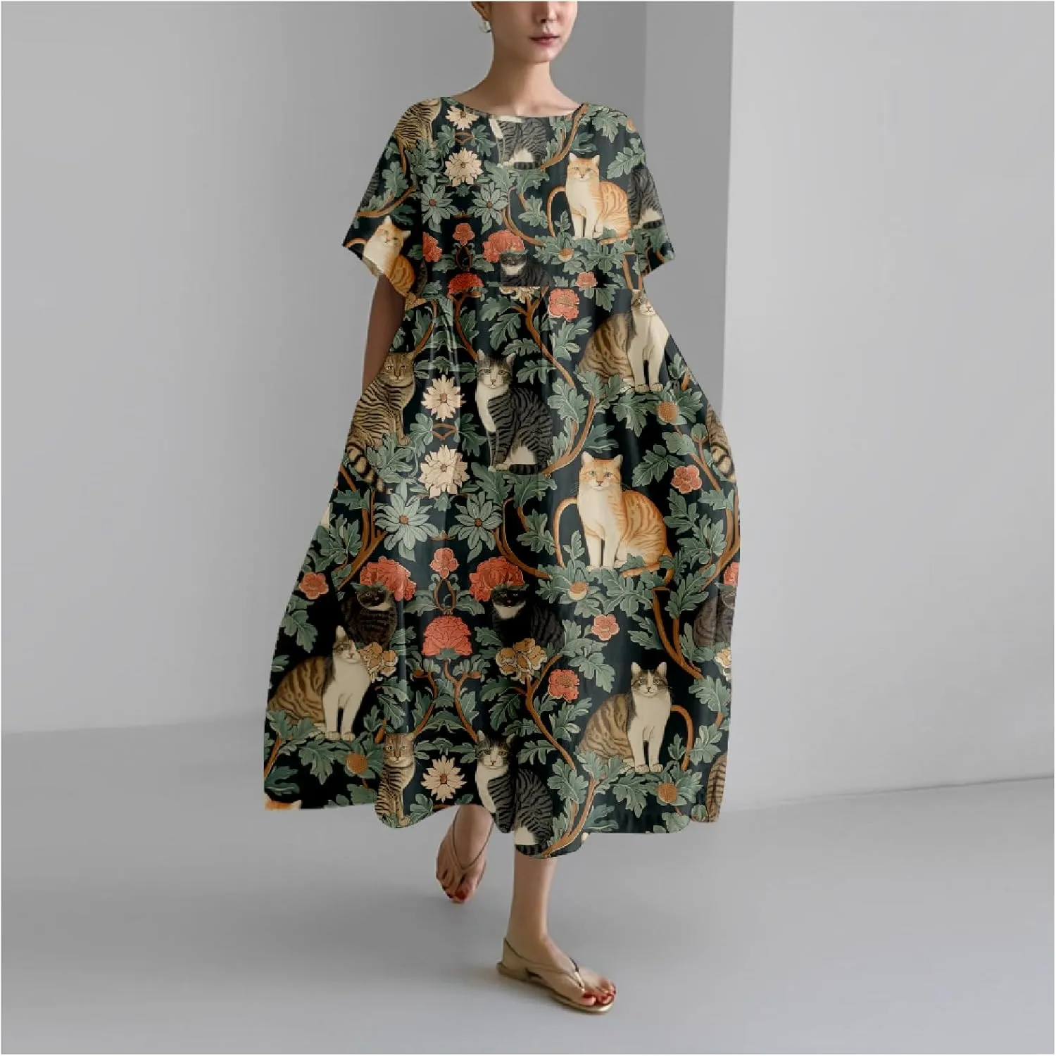 MARSVOVO Summer Dress for Women Funny Cat Graphic Cute Short Sleeve Maxi Dress Causal Plus Size Party Dress for Women