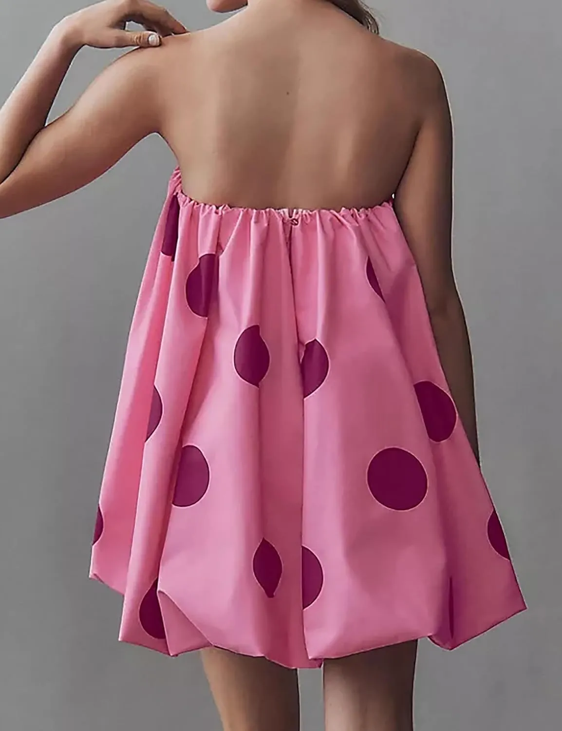 Meladyan Womens Polka Dot Bubble Mini Dress Strapless Backless Loose Fit Tube Dress Elegant Pleated Elastic Beach Dress