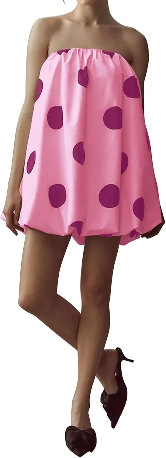 Meladyan Womens Polka Dot Bubble Mini Dress Strapless Backless Loose Fit Tube Dress Elegant Pleated Elastic Beach Dress