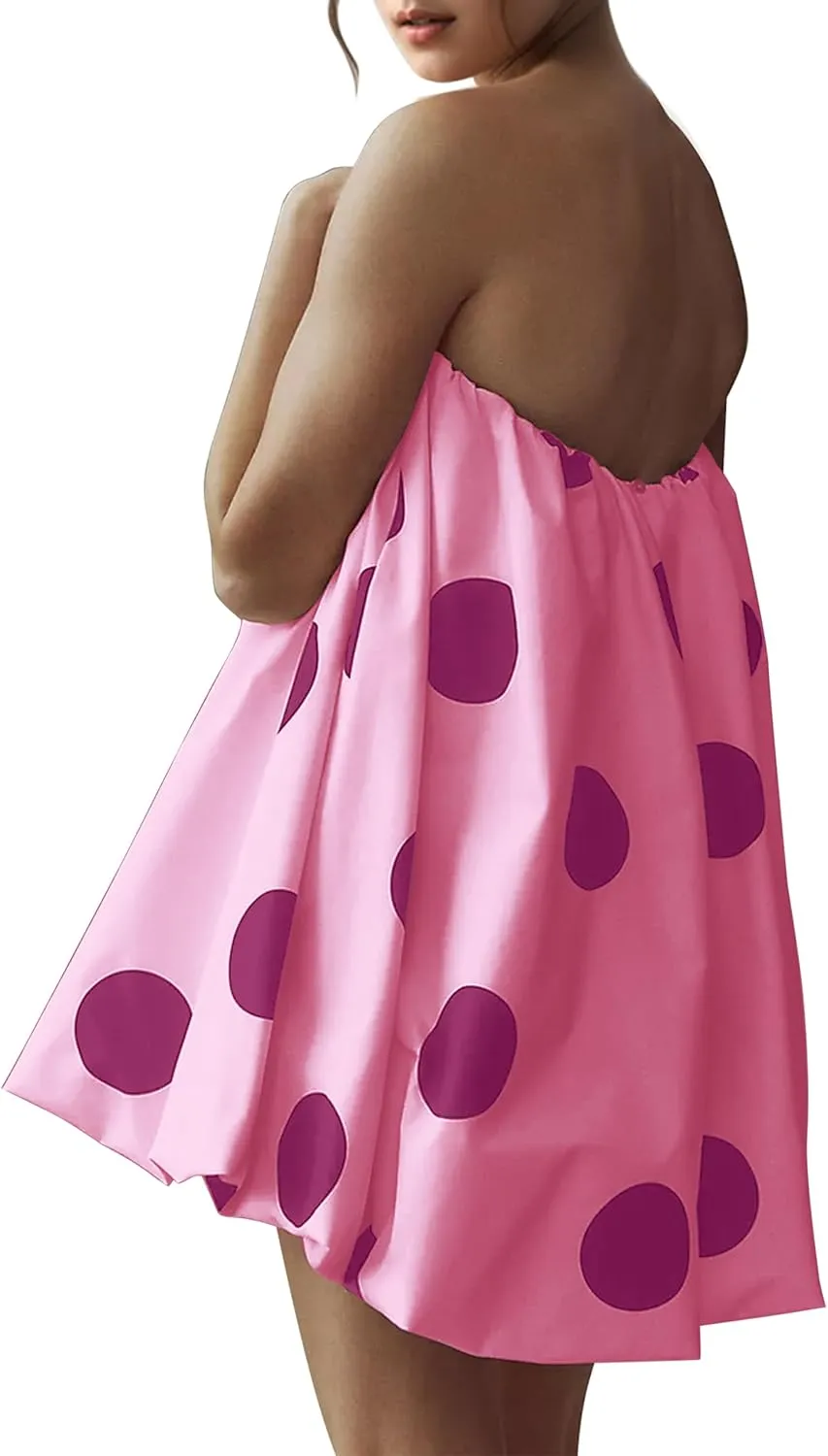 Meladyan Womens Polka Dot Bubble Mini Dress Strapless Backless Loose Fit Tube Dress Elegant Pleated Elastic Beach Dress