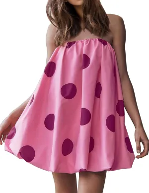 Meladyan Womens Polka Dot Bubble Mini Dress Strapless Backless Loose Fit Tube Dress Elegant Pleated Elastic Beach Dress