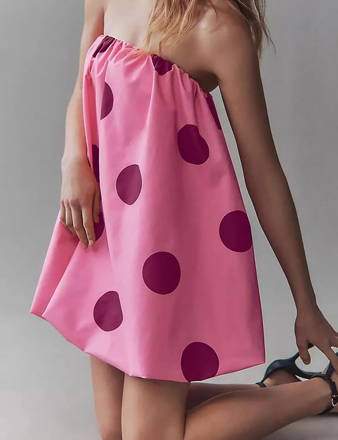 Meladyan Womens Polka Dot Bubble Mini Dress Strapless Backless Loose Fit Tube Dress Elegant Pleated Elastic Beach Dress