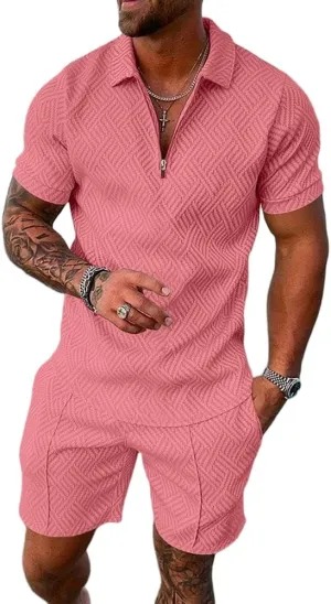 Mens Short Sets 2 Piece Outfits Short Sleeve Zipper Polo Shirts and Shorts Sets Classic Gym Workout Summer Tracksuits