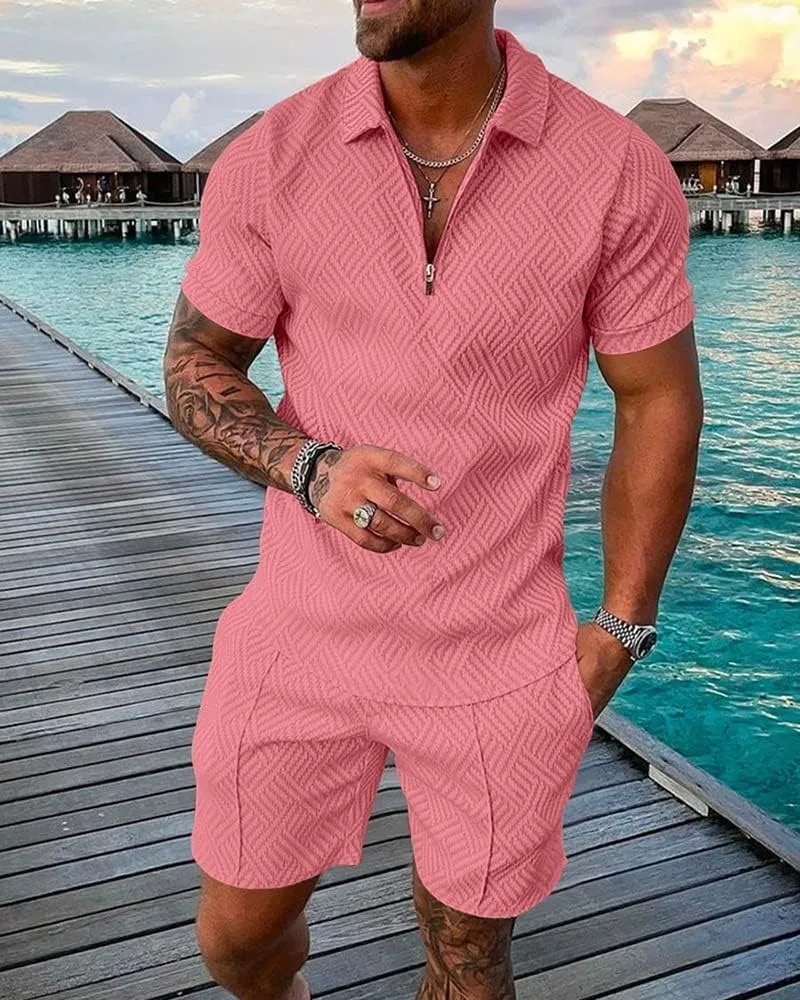 Mens Short Sets 2 Piece Outfits Short Sleeve Zipper Polo Shirts and Shorts Sets Classic Gym Workout Summer Tracksuits