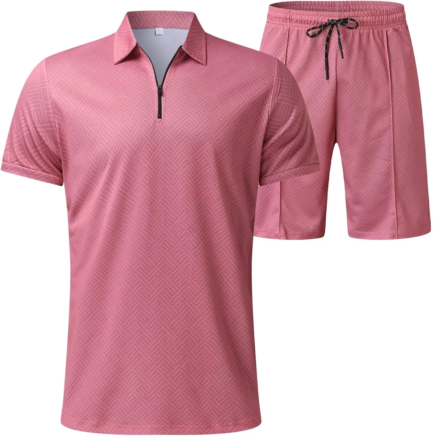 Mens Short Sets 2 Piece Outfits Short Sleeve Zipper Polo Shirts and Shorts Sets Classic Gym Workout Summer Tracksuits