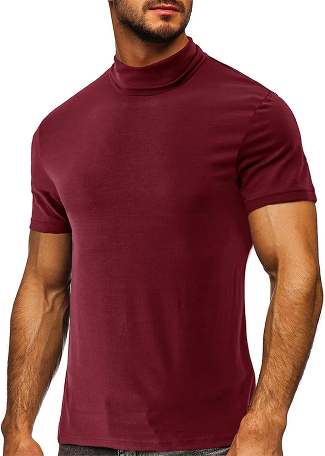 Mens T Shirt Short Sleeve Basic Turtleneck Slim Fit Undershirt Pullover Solid Sport Shirts Tops