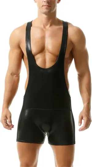 Mens Undershirts Shiny Boxers Jumpsuit Sexy Faux Leather Bodysuit Wrestling Singlet Male One-piece Leotard Party Dance
