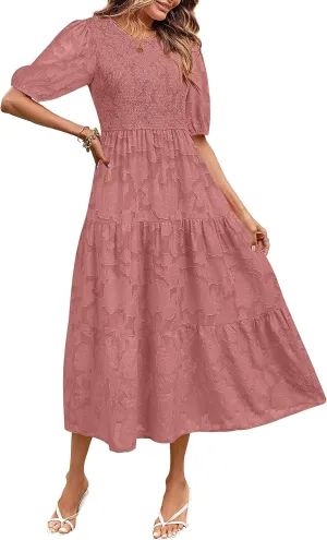 MEROKEETY Women's 2025 Summer Puff Sleeve Smocked Floral Dress Crewneck Lace Flowy Tiered Midi Dresses