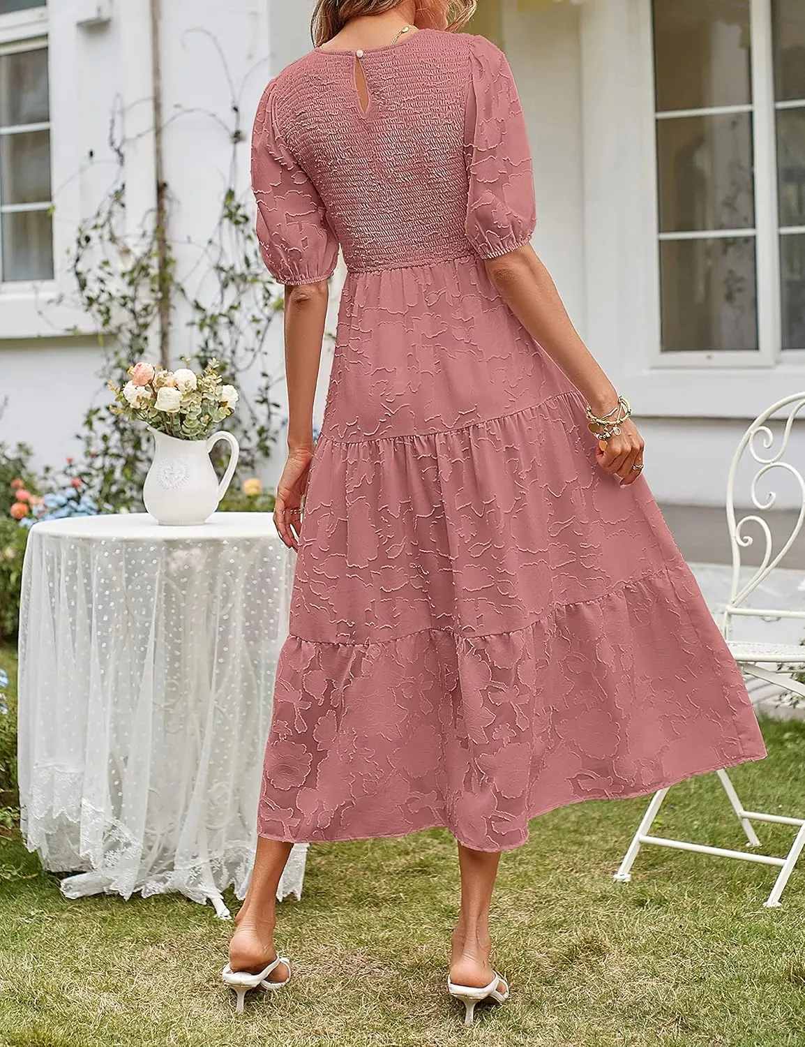 MEROKEETY Women's 2025 Summer Puff Sleeve Smocked Floral Dress Crewneck Lace Flowy Tiered Midi Dresses