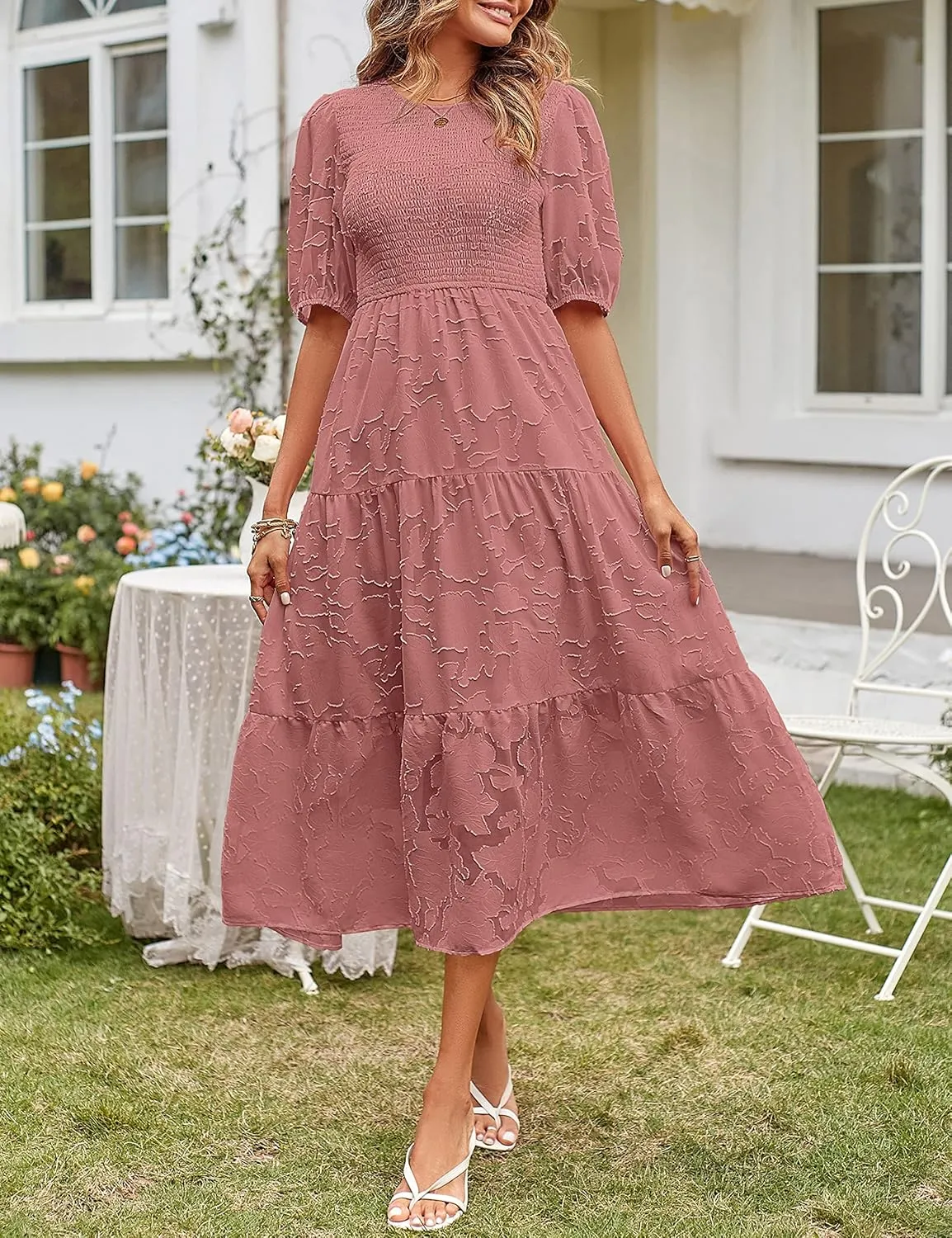 MEROKEETY Women's 2025 Summer Puff Sleeve Smocked Floral Dress Crewneck Lace Flowy Tiered Midi Dresses