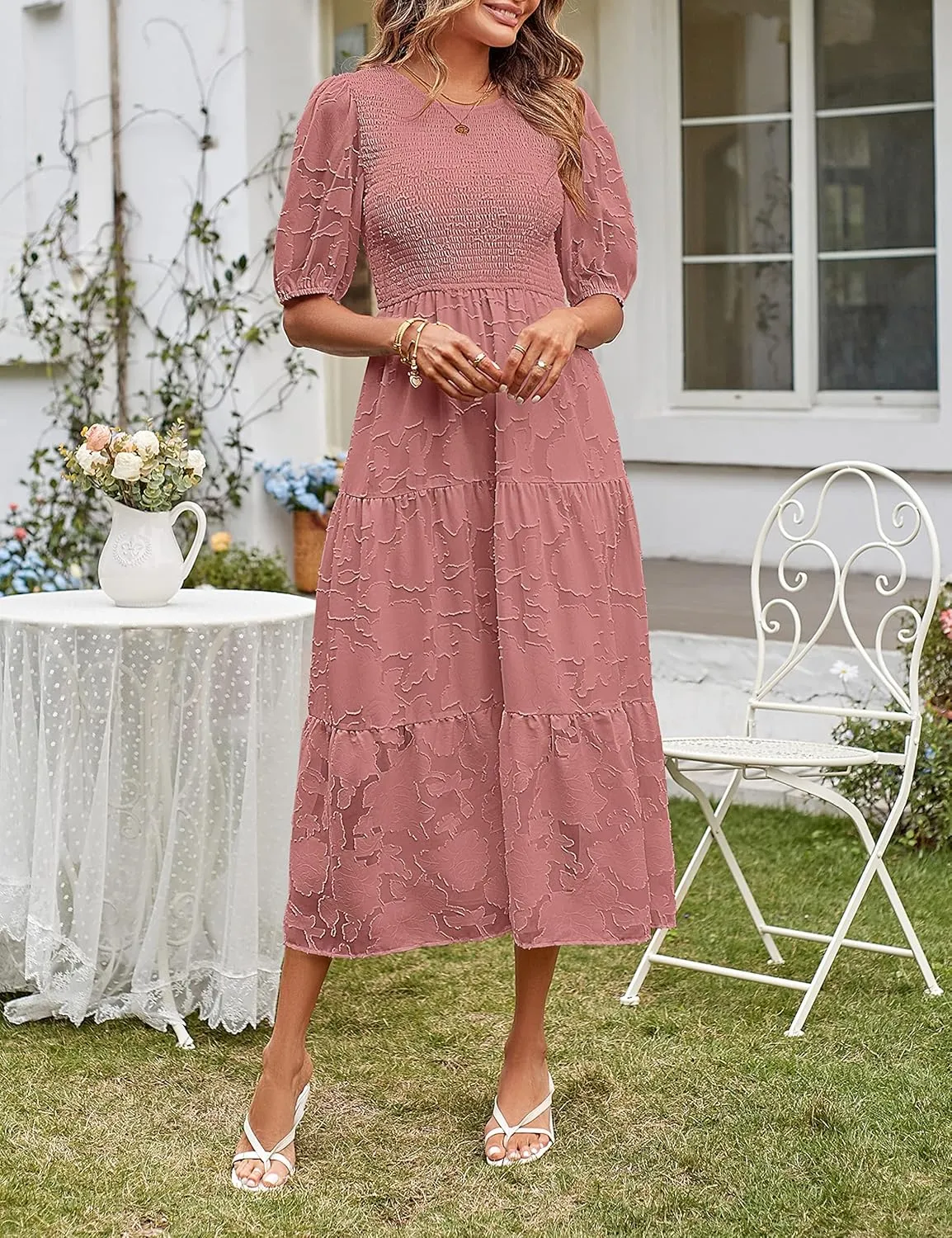 MEROKEETY Women's 2025 Summer Puff Sleeve Smocked Floral Dress Crewneck Lace Flowy Tiered Midi Dresses
