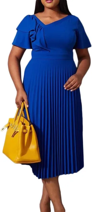 Meufam Women's Elegant V Neck Dress Sexy V Back Short Sleeve Ruffle Skirt Pleated High Waist Formal Dress for Women