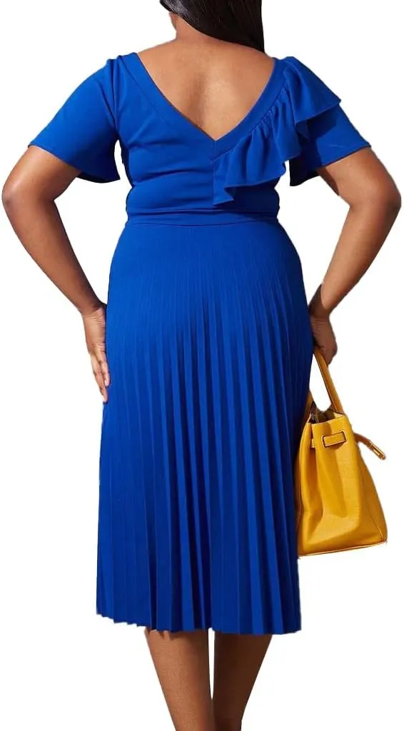 Meufam Women's Elegant V Neck Dress Sexy V Back Short Sleeve Ruffle Skirt Pleated High Waist Formal Dress for Women