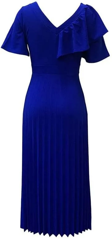 Meufam Women's Elegant V Neck Dress Sexy V Back Short Sleeve Ruffle Skirt Pleated High Waist Formal Dress for Women