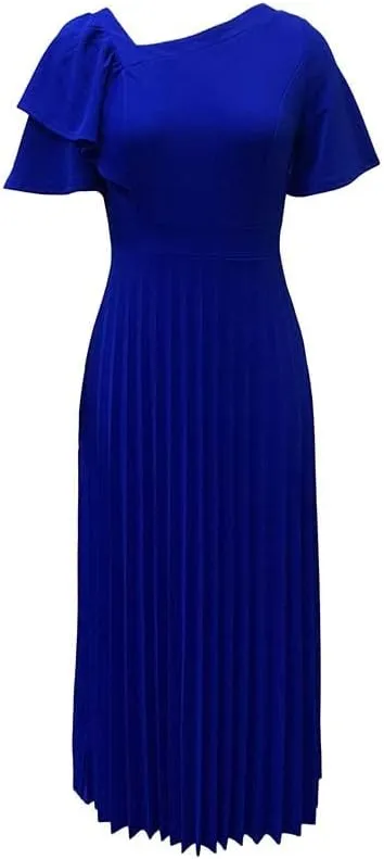 Meufam Women's Elegant V Neck Dress Sexy V Back Short Sleeve Ruffle Skirt Pleated High Waist Formal Dress for Women