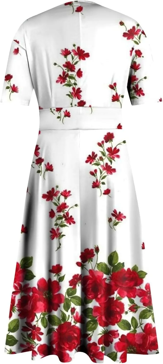 Midi Dresses for Women Printing Waist V Neck Beach Dress Short Sleeve Maxi Dresses A-Line Dressy Swing Dress