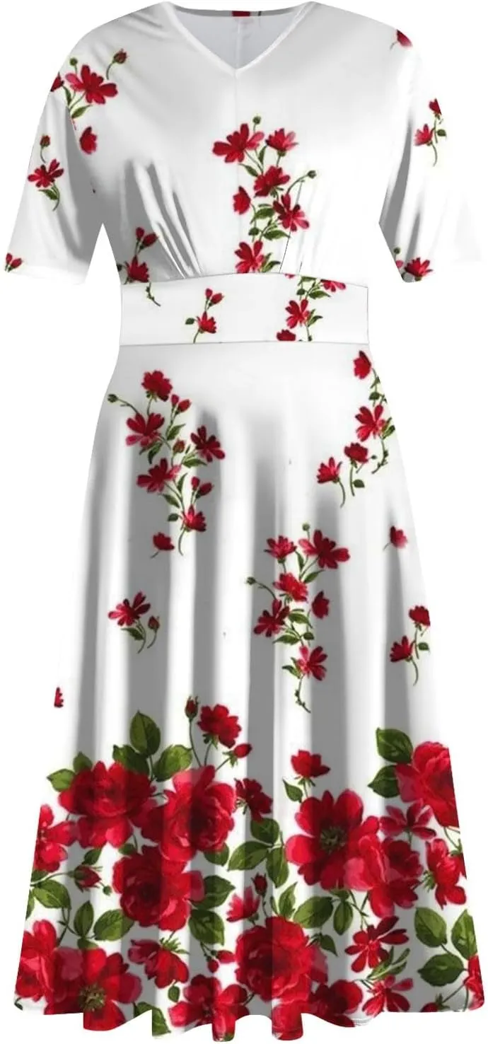 Midi Dresses for Women Printing Waist V Neck Beach Dress Short Sleeve Maxi Dresses A-Line Dressy Swing Dress