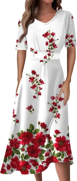 Midi Dresses for Women Printing Waist V Neck Beach Dress Short Sleeve Maxi Dresses A-Line Dressy Swing Dress