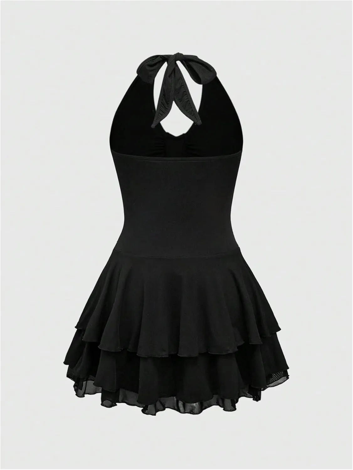 Milumia Women's Punk Tie Backless Halter Dress Y2k Ruched Layered Ruffle Hem Mini Dresses