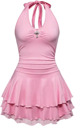 Milumia Women's Punk Tie Backless Halter Dress Y2k Ruched Layered Ruffle Hem Mini Dresses