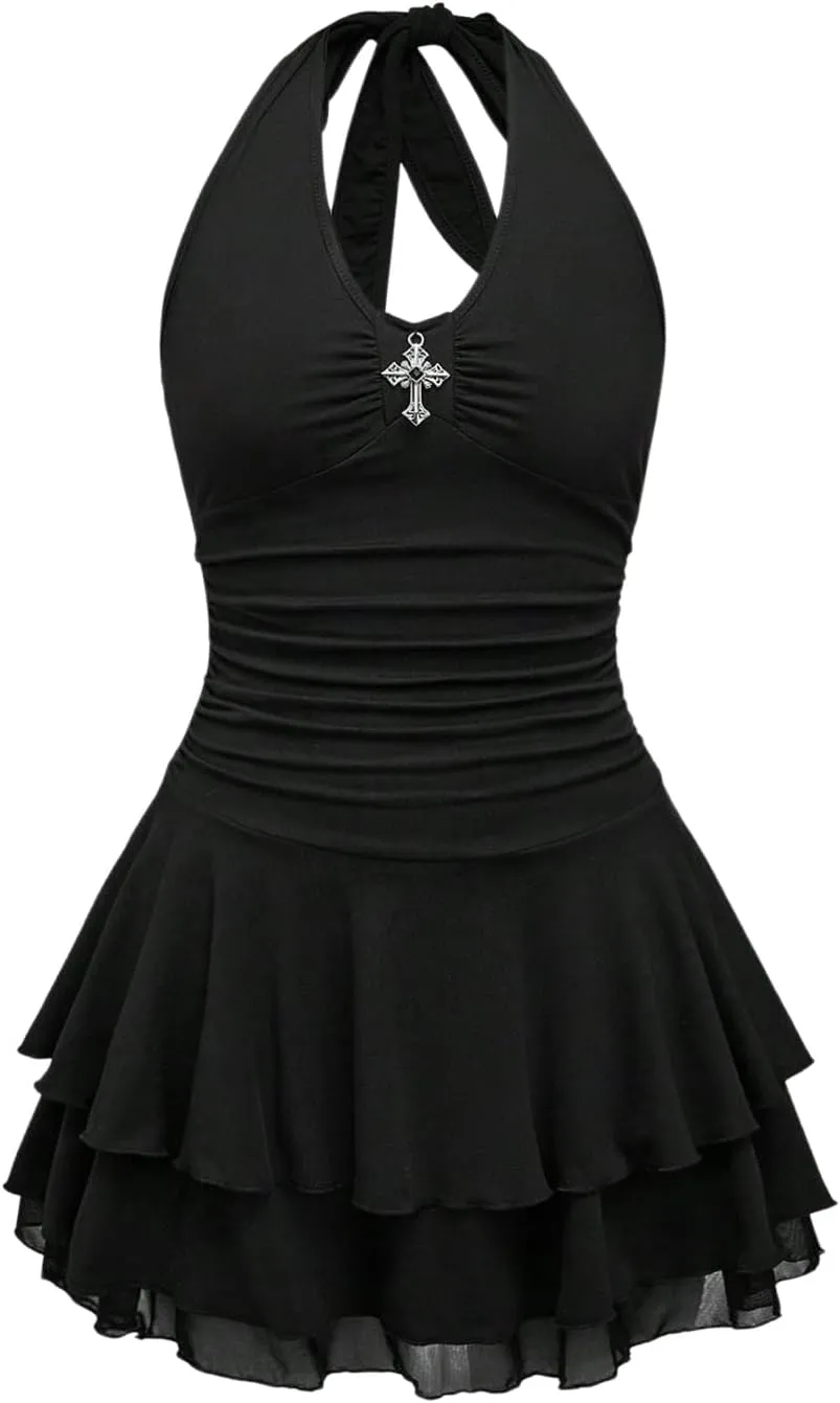 Milumia Women's Punk Tie Backless Halter Dress Y2k Ruched Layered Ruffle Hem Mini Dresses