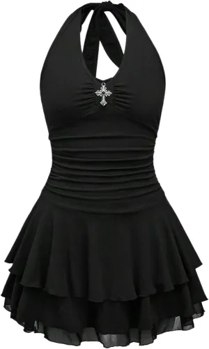 Milumia Women's Punk Tie Backless Halter Dress Y2k Ruched Layered Ruffle Hem Mini Dresses