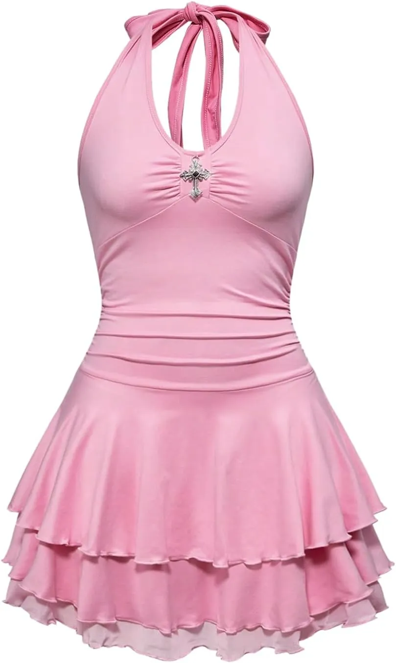 Milumia Women's Punk Tie Backless Halter Dress Y2k Ruched Layered Ruffle Hem Mini Dresses