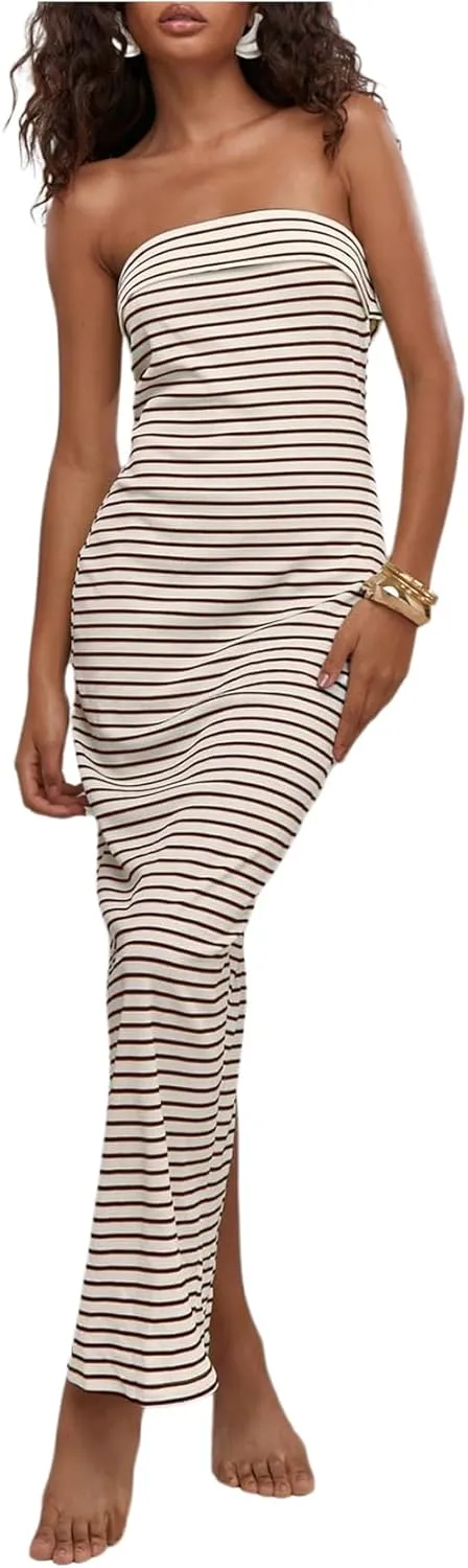 Milumia Women's Striped Tube Maxi Dress Strapless Sexy Split Backless Patrty Club Summer Long Dresses