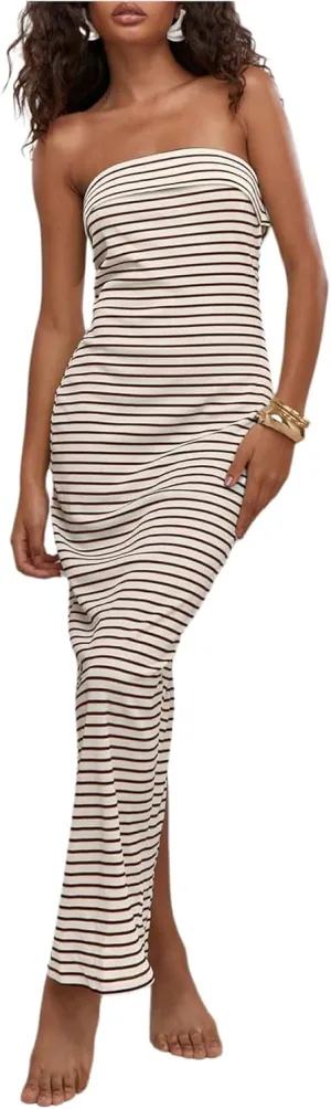 Milumia Women's Striped Tube Maxi Dress Strapless Sexy Split Backless Patrty Club Summer Long Dresses