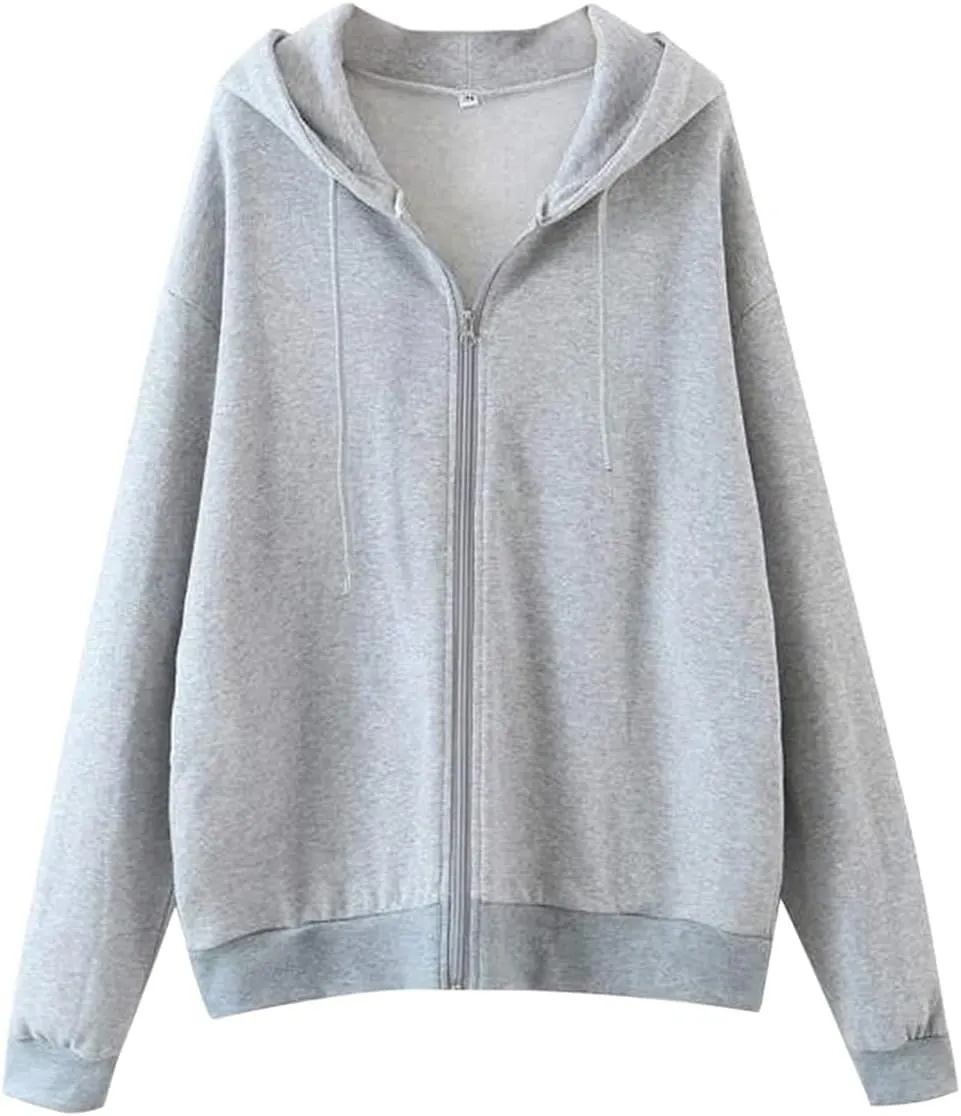 MISSACTIVER Womens Vintage Solid Drawstring Hoodies Zip Up Oversized E-girl 90s Sweatshirt Basic Jacket With Pockets
