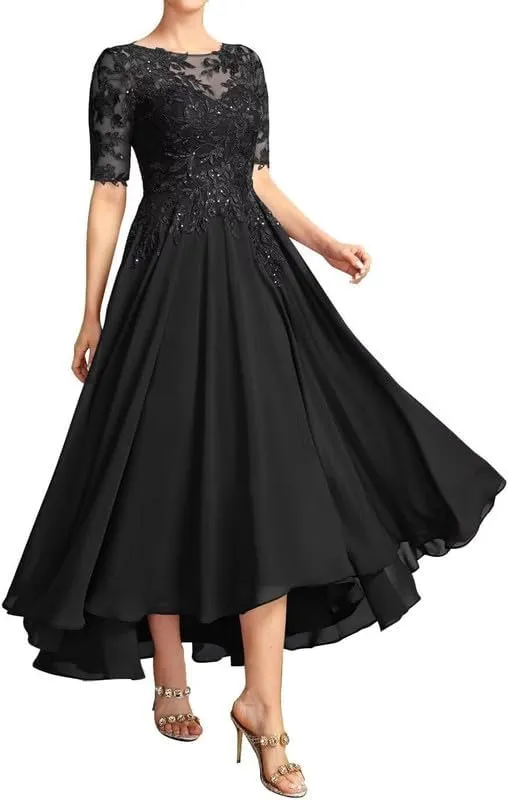 Mother of The Bride Dresses for Wedding Tea Length Lace Applique Chiffon Formal Evening Gowns with Sleeves